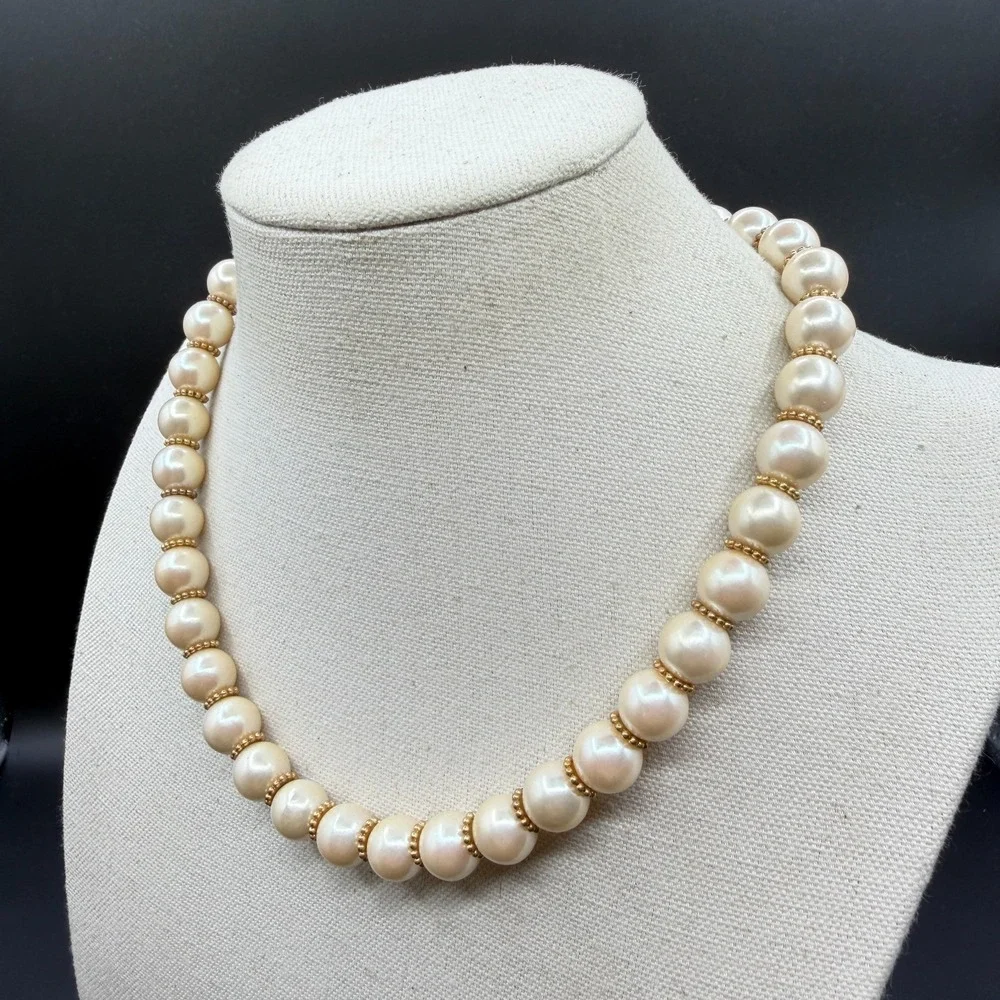 Cream Faux Pearl Beaded Necklace Gold Tone Spacer Classic Elegant Statement